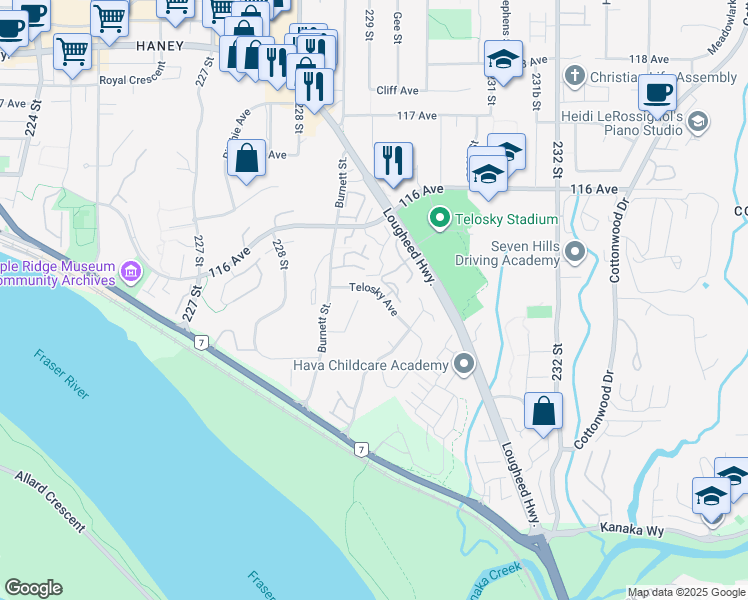 map of restaurants, bars, coffee shops, grocery stores, and more near 22878 Telosky Avenue in Maple Ridge