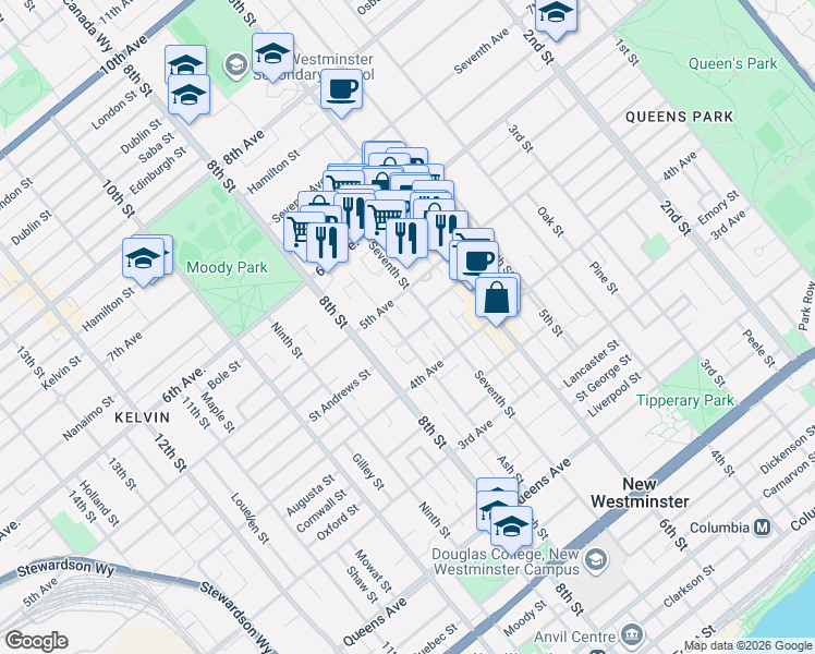 map of restaurants, bars, coffee shops, grocery stores, and more near in New Westminster