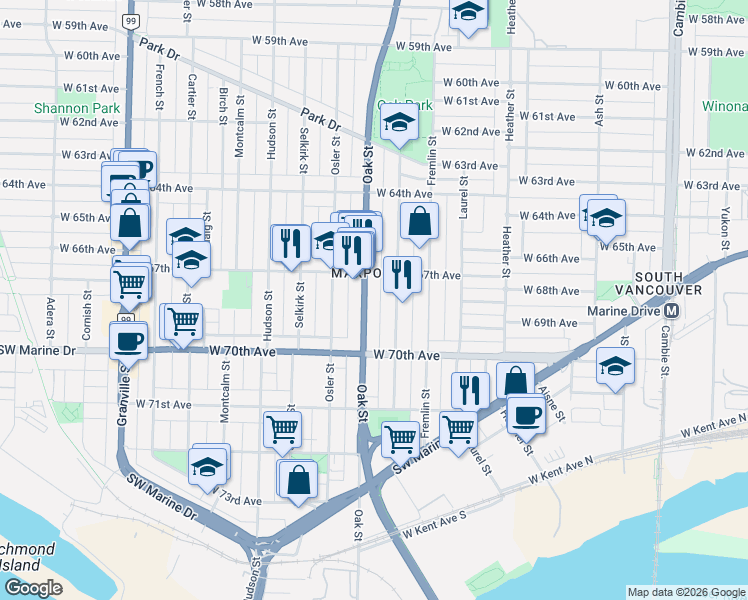 map of restaurants, bars, coffee shops, grocery stores, and more near in Vancouver