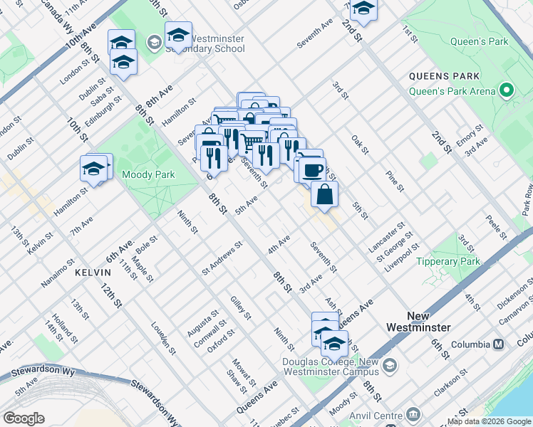 map of restaurants, bars, coffee shops, grocery stores, and more near 425 Ash Street in New Westminster