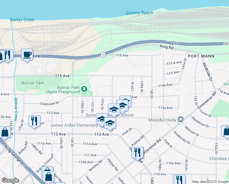 map of restaurants, bars, coffee shops, grocery stores, and more near 11426 138 Street in Surrey