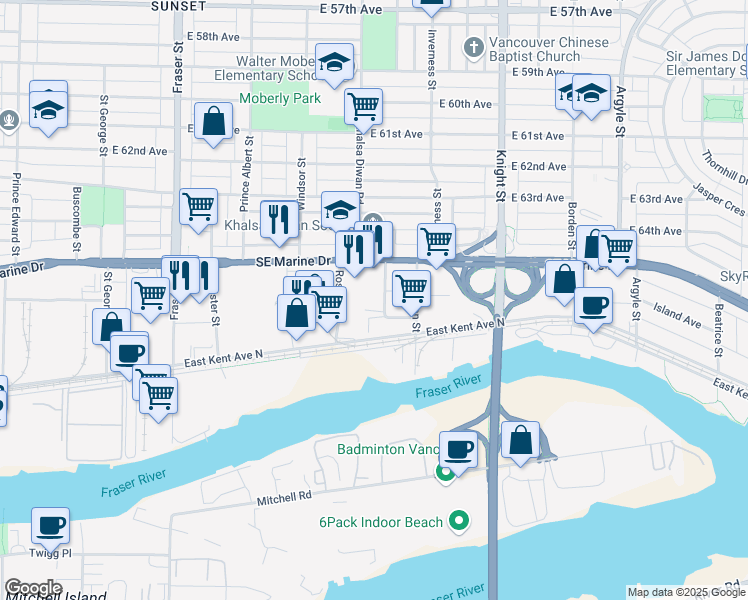 map of restaurants, bars, coffee shops, grocery stores, and more near in Vancouver