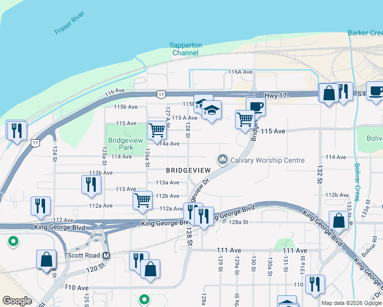 map of restaurants, bars, coffee shops, grocery stores, and more near in Surrey