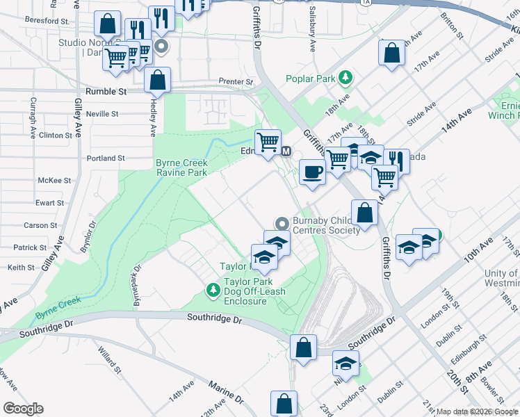 map of restaurants, bars, coffee shops, grocery stores, and more near in Burnaby