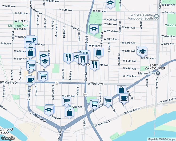 map of restaurants, bars, coffee shops, grocery stores, and more near 8320 Oak Street in Vancouver