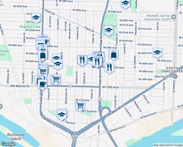 map of restaurants, bars, coffee shops, grocery stores, and more near in Vancouver