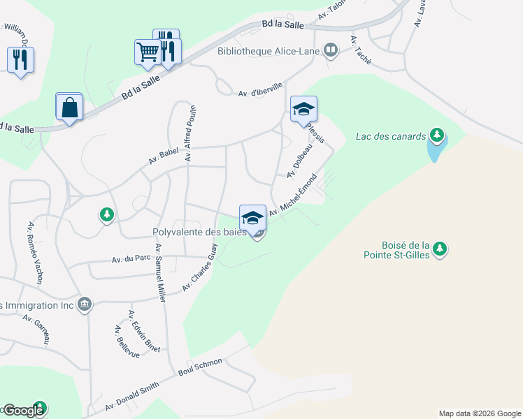 map of restaurants, bars, coffee shops, grocery stores, and more near 45 Avenue Michel-Émond in Baie-Comeau