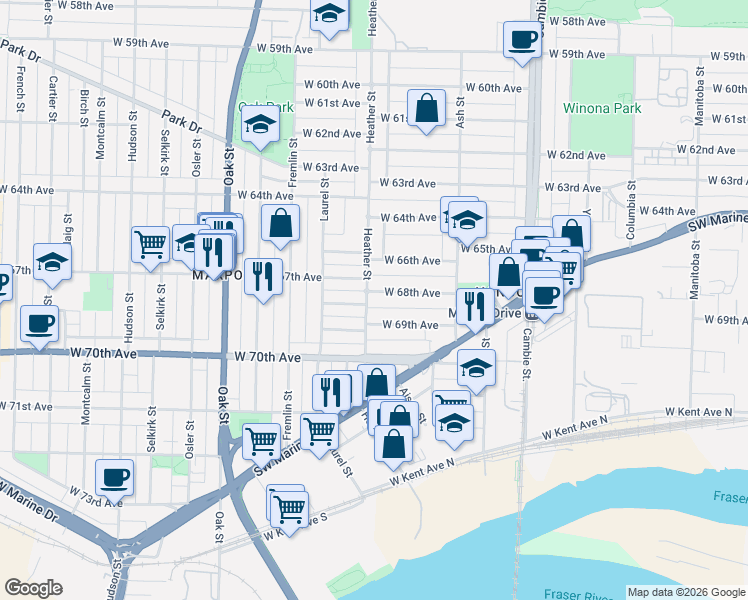 map of restaurants, bars, coffee shops, grocery stores, and more near 790 West 68th Avenue in Vancouver