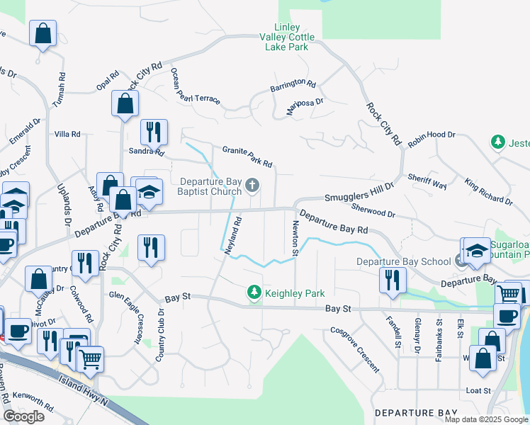 map of restaurants, bars, coffee shops, grocery stores, and more near 3050 Keighley Road in Nanaimo