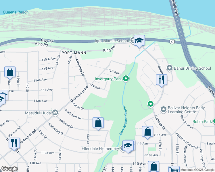 map of restaurants, bars, coffee shops, grocery stores, and more near 11426 144A Street in Surrey