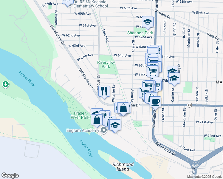 map of restaurants, bars, coffee shops, grocery stores, and more near 7283 Wiltshire Street in Vancouver