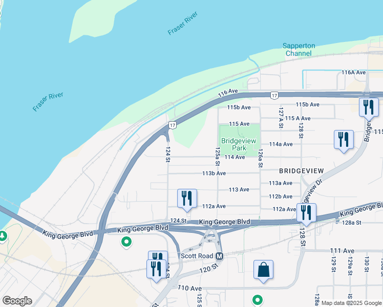 map of restaurants, bars, coffee shops, grocery stores, and more near 12473 114 Avenue in Surrey