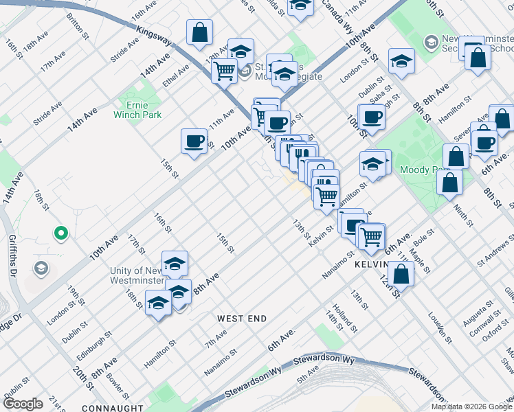 map of restaurants, bars, coffee shops, grocery stores, and more near 1309 Edinburgh Street in New Westminster