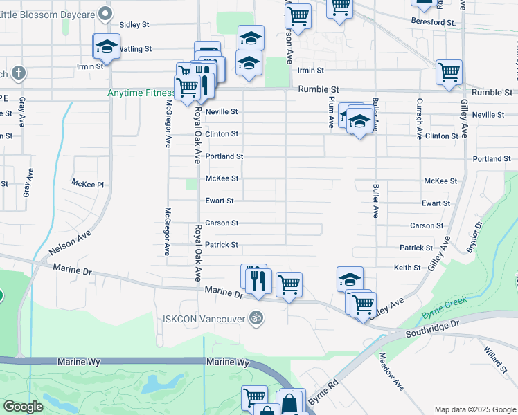 map of restaurants, bars, coffee shops, grocery stores, and more near 5488 Ewart Street in Burnaby