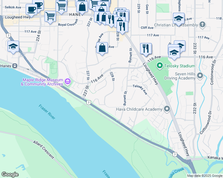 map of restaurants, bars, coffee shops, grocery stores, and more near 11483 228 Street in Maple Ridge