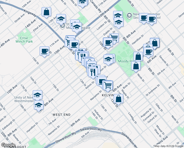 map of restaurants, bars, coffee shops, grocery stores, and more near 723 12th Street in New Westminster