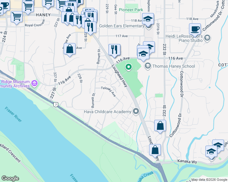 map of restaurants, bars, coffee shops, grocery stores, and more near 22865 Telosky Avenue in Maple Ridge