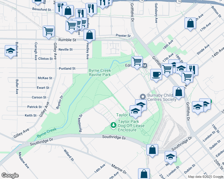 map of restaurants, bars, coffee shops, grocery stores, and more near 6735 Station Hill Court in Burnaby