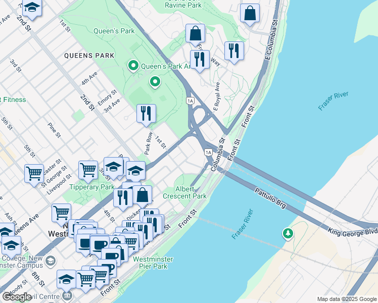 map of restaurants, bars, coffee shops, grocery stores, and more near 37 Agnes Street in New Westminster