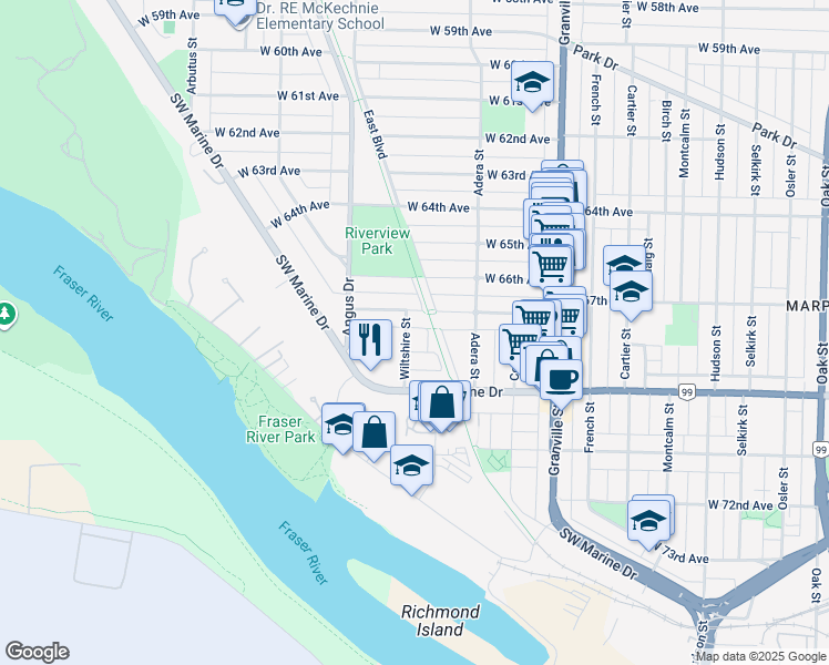 map of restaurants, bars, coffee shops, grocery stores, and more near 8420 Wiltshire Street in Vancouver
