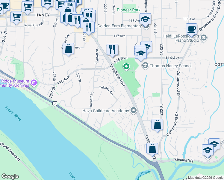 map of restaurants, bars, coffee shops, grocery stores, and more near 22865 Telosky Avenue in Maple Ridge