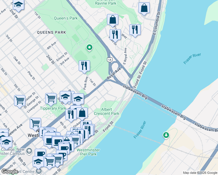 map of restaurants, bars, coffee shops, grocery stores, and more near 37 Agnes Street in New Westminster