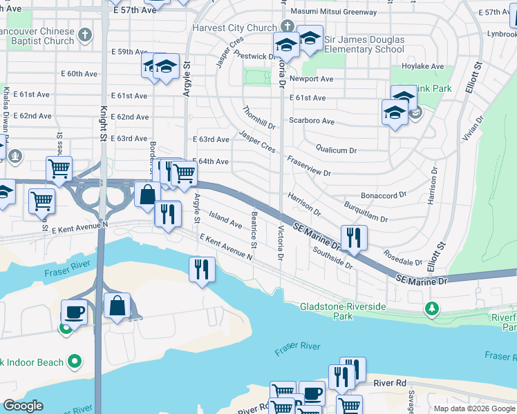 map of restaurants, bars, coffee shops, grocery stores, and more near 1896 Southeast Marine Drive in Vancouver