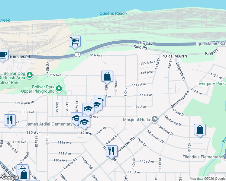 map of restaurants, bars, coffee shops, grocery stores, and more near 11429 139A Street in Surrey