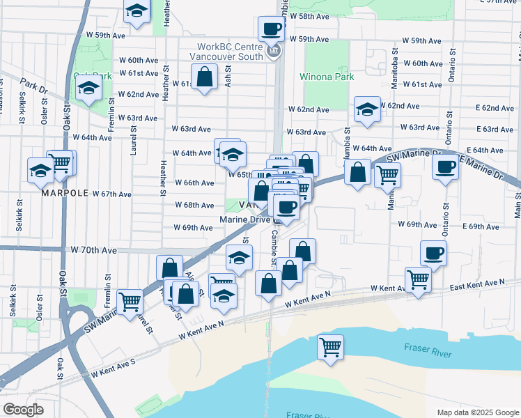 map of restaurants, bars, coffee shops, grocery stores, and more near 8238 Lord Street in Vancouver