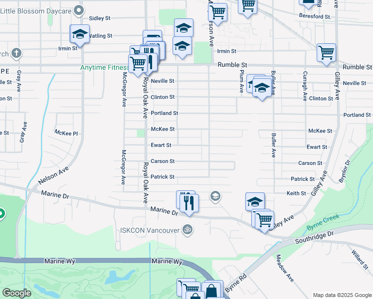 map of restaurants, bars, coffee shops, grocery stores, and more near 5462 Ewart Street in Burnaby