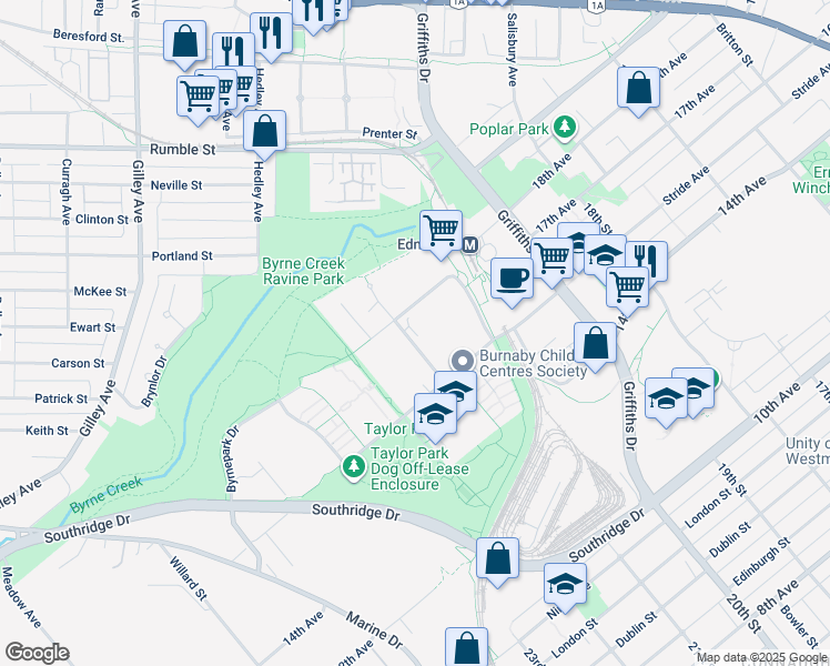 map of restaurants, bars, coffee shops, grocery stores, and more near 7368 Sandborne Avenue in Burnaby
