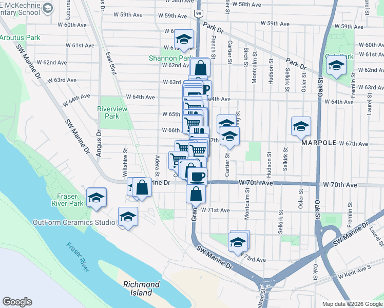 map of restaurants, bars, coffee shops, grocery stores, and more near 8439 Granville Street in Vancouver