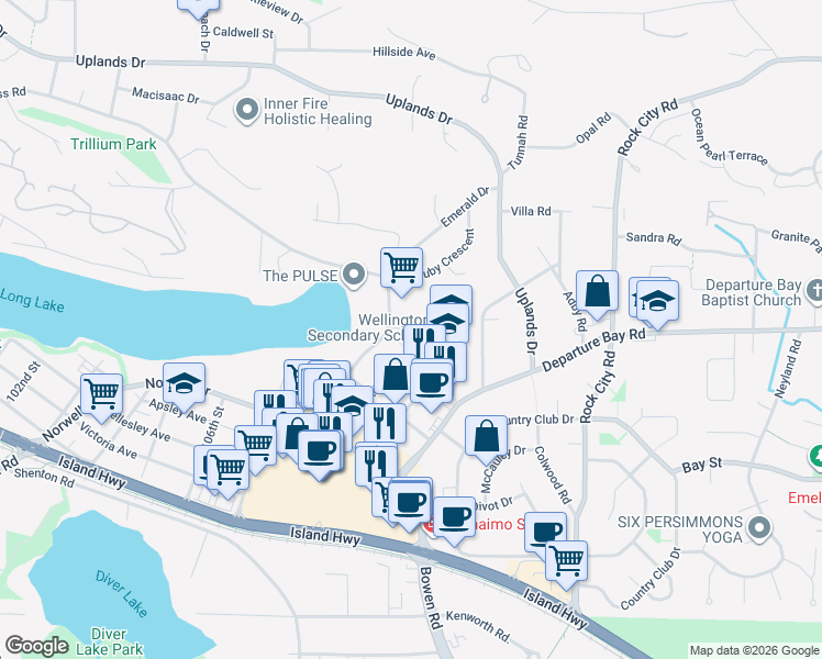 map of restaurants, bars, coffee shops, grocery stores, and more near 3270 Ross Road in Nanaimo