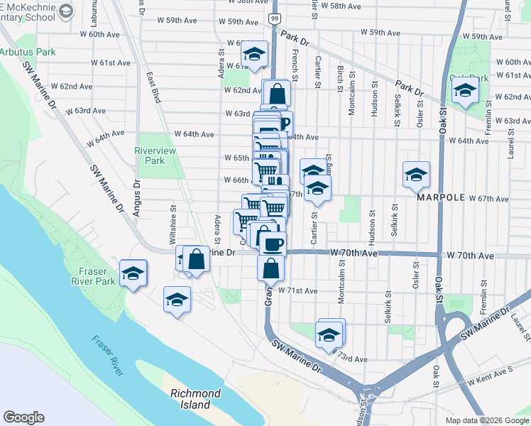 map of restaurants, bars, coffee shops, grocery stores, and more near 8437 Granville Street in Vancouver