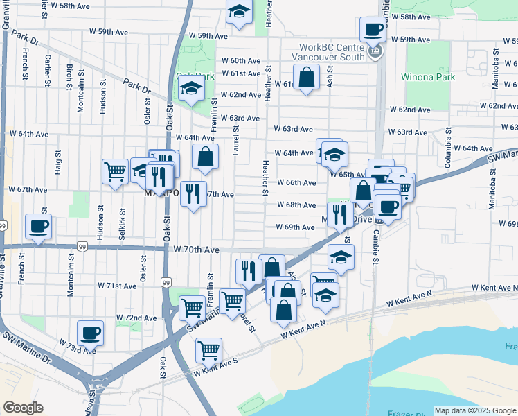 map of restaurants, bars, coffee shops, grocery stores, and more near 807 West 68th Avenue in Vancouver