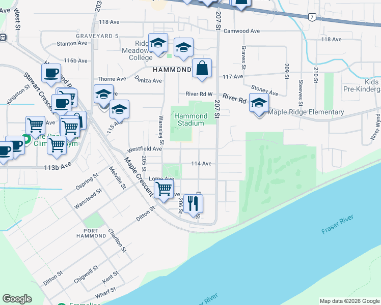 map of restaurants, bars, coffee shops, grocery stores, and more near 20624 Westfield Avenue in Maple Ridge