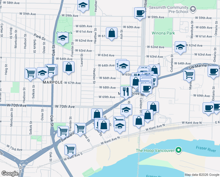 map of restaurants, bars, coffee shops, grocery stores, and more near 700 West 68th Avenue in Vancouver