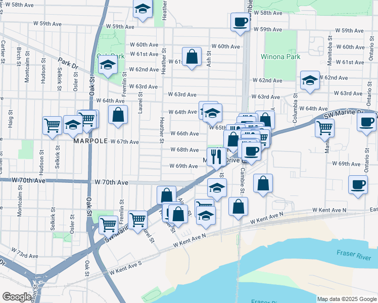 map of restaurants, bars, coffee shops, grocery stores, and more near 772 West 68th Avenue in Vancouver