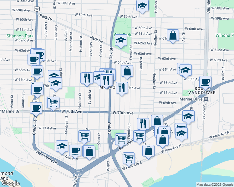 map of restaurants, bars, coffee shops, grocery stores, and more near in Vancouver