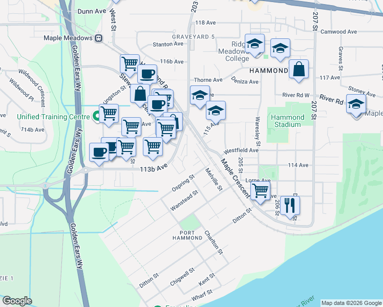 map of restaurants, bars, coffee shops, grocery stores, and more near 11387 Melville Street in Maple Ridge