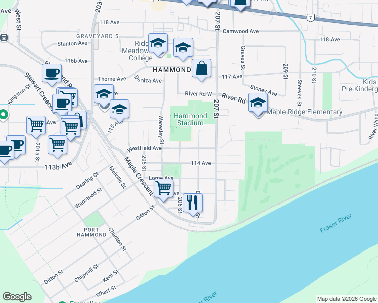 map of restaurants, bars, coffee shops, grocery stores, and more near 20615 Westfield Avenue in Maple Ridge
