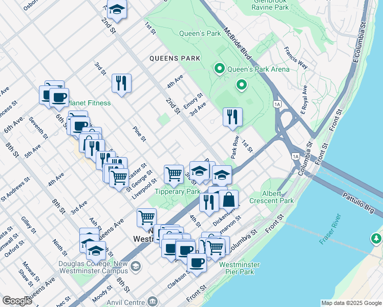 map of restaurants, bars, coffee shops, grocery stores, and more near 217 Queens Avenue in New Westminster