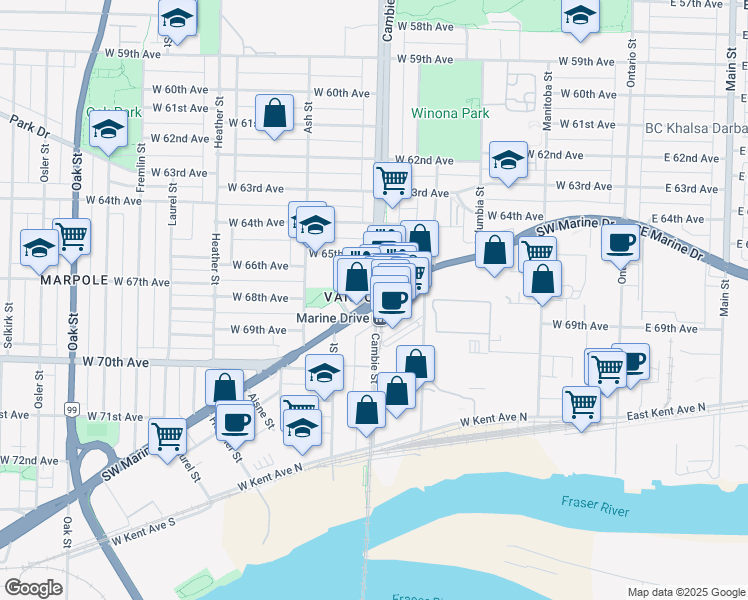 map of restaurants, bars, coffee shops, grocery stores, and more near 501 Southwest Marine Drive in Vancouver