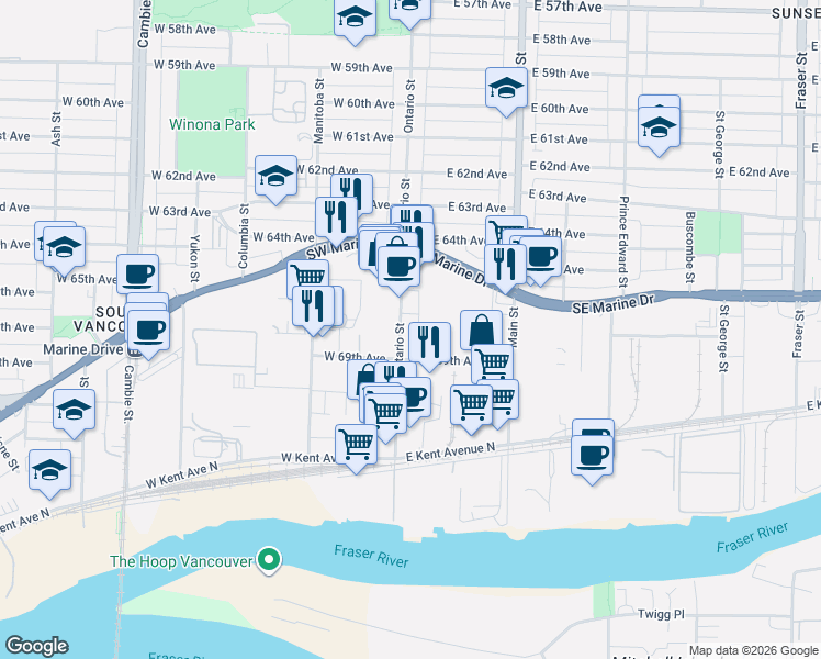 map of restaurants, bars, coffee shops, grocery stores, and more near 8242 Ontario Street in Vancouver