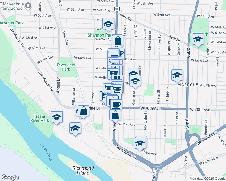 map of restaurants, bars, coffee shops, grocery stores, and more near 8427 Granville Street in Vancouver