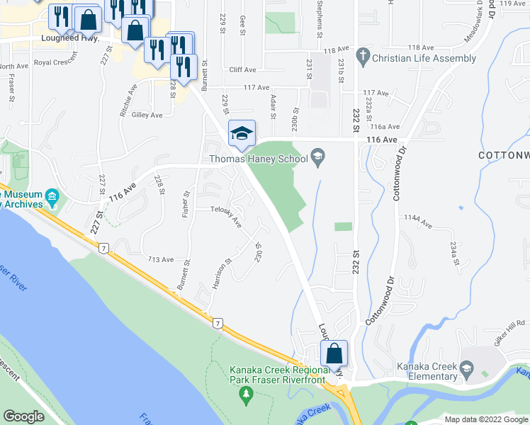 map of restaurants, bars, coffee shops, grocery stores, and more near 23015 Olund Crescent in Maple Ridge