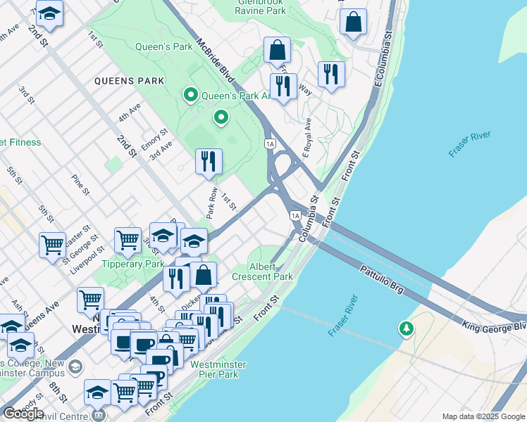map of restaurants, bars, coffee shops, grocery stores, and more near in New Westminster