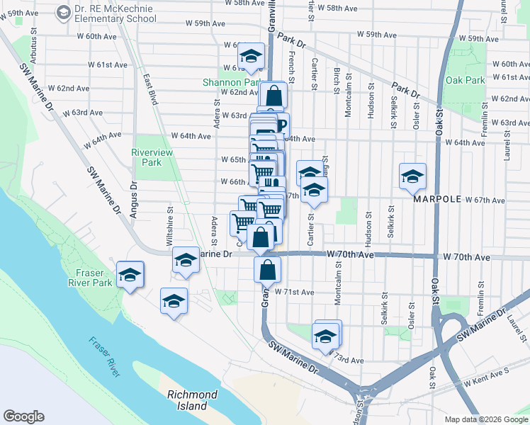 map of restaurants, bars, coffee shops, grocery stores, and more near in Vancouver
