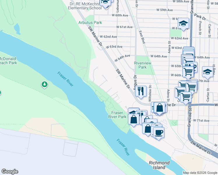 map of restaurants, bars, coffee shops, grocery stores, and more near 8405 Gillnet Place in Vancouver