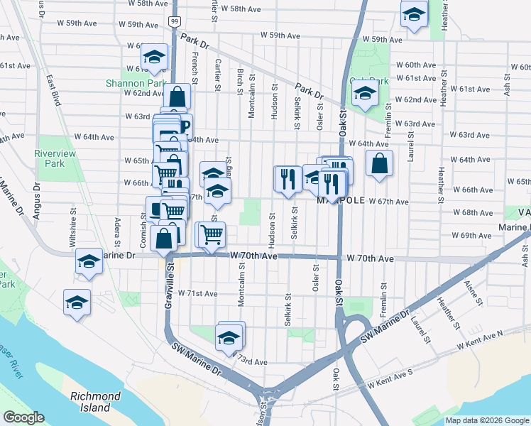 map of restaurants, bars, coffee shops, grocery stores, and more near 8377 Hudson Street in Vancouver
